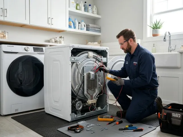 Appliance Repair Hero technician checking a dryer heating element with the rear panel off in Buffalo Grove, IL