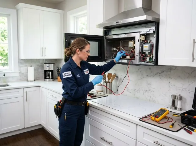 Appliance Repair Hero technician testing an over-the-range microwave in a Buffalo Grove, IL kitchen
