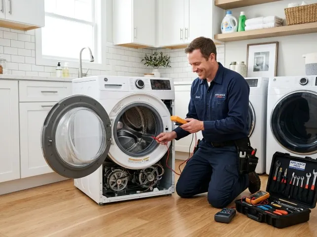 Appliance Repair Hero technician testing a front-load washer with a multimeter on a Buffalo Grove, IL service call